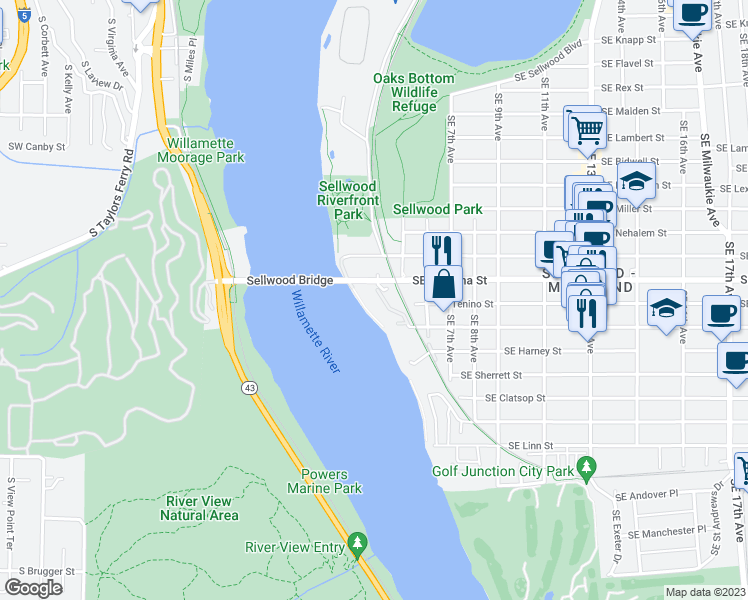map of restaurants, bars, coffee shops, grocery stores, and more near 340 Southeast Spokane Street in Portland