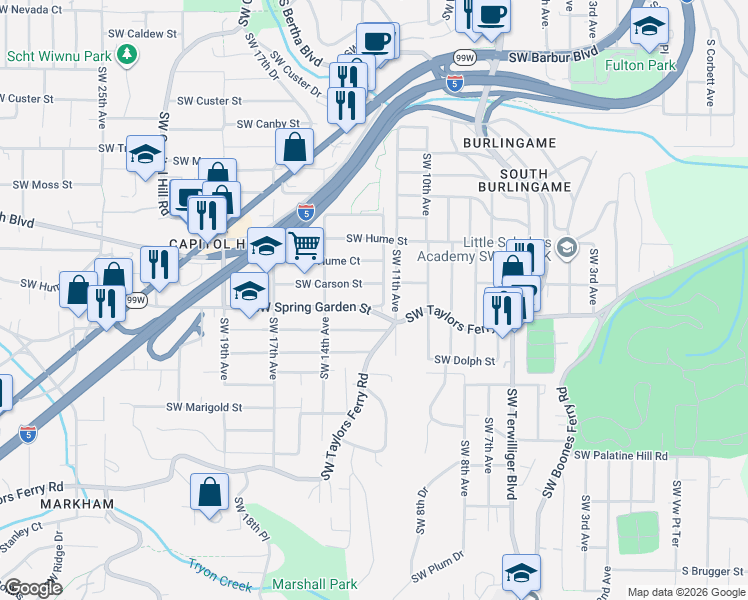 map of restaurants, bars, coffee shops, grocery stores, and more near 1227 Southwest Spring Garden Street in Portland