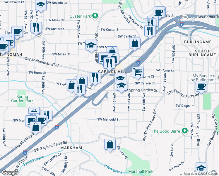 map of restaurants, bars, coffee shops, grocery stores, and more near 1927 Southwest Spring Garden Street in Portland