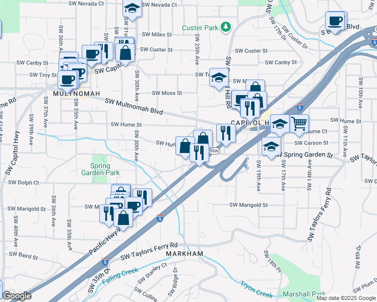 map of restaurants, bars, coffee shops, grocery stores, and more near 2531 Southwest Spring Garden Street in Portland
