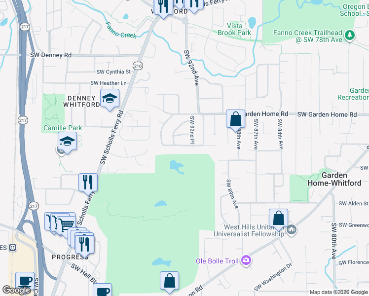 map of restaurants, bars, coffee shops, grocery stores, and more near 9240 Southwest Camille Terrace in Portland