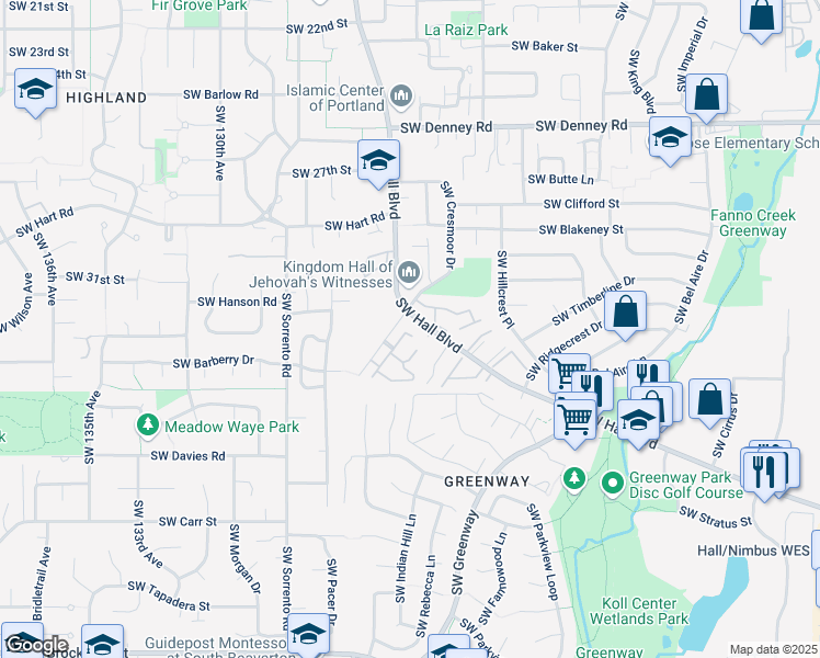 map of restaurants, bars, coffee shops, grocery stores, and more near 7724 Southwest Matheny Drive in Beaverton