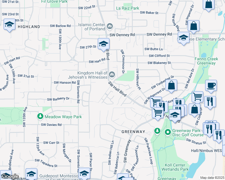 map of restaurants, bars, coffee shops, grocery stores, and more near 7724 Southwest Matheny Drive in Beaverton