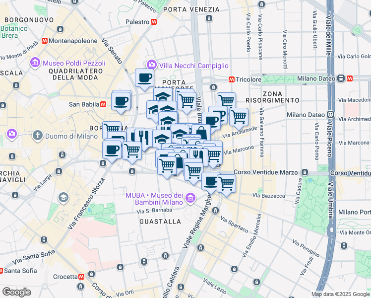 map of restaurants, bars, coffee shops, grocery stores, and more near 36 Via Filippo Corridoni in Milan