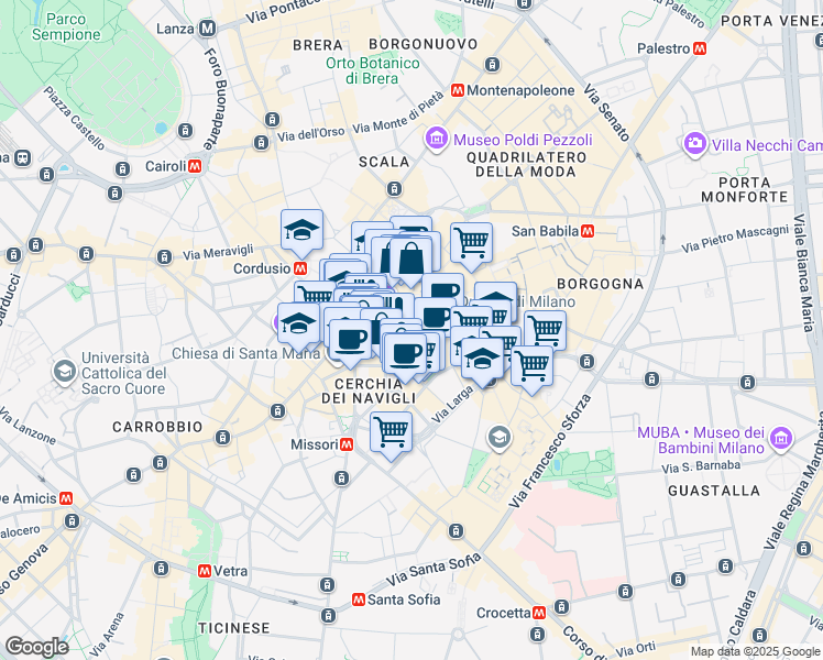 map of restaurants, bars, coffee shops, grocery stores, and more near Piazza del Duomo in Milano