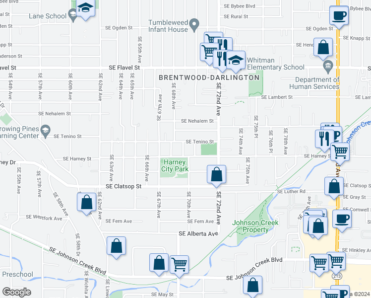 map of restaurants, bars, coffee shops, grocery stores, and more near 8226 Southeast 69th Avenue in Portland