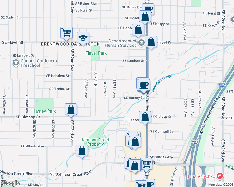 map of restaurants, bars, coffee shops, grocery stores, and more near 8300 Southeast 78th Avenue in Portland