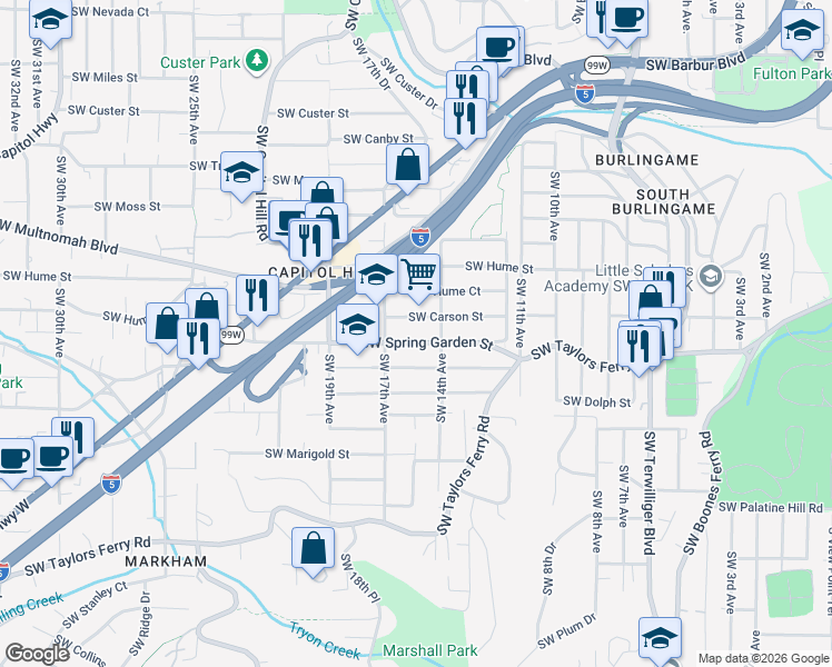 map of restaurants, bars, coffee shops, grocery stores, and more near 1519 Southwest Spring Garden Street in Portland