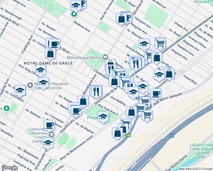 map of restaurants, bars, coffee shops, grocery stores, and more near 4235 Avenue Prince Of Wales in Montréal