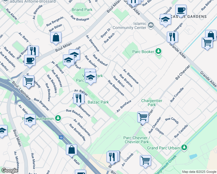 map of restaurants, bars, coffee shops, grocery stores, and more near 6185 Rue Benjamin in Brossard