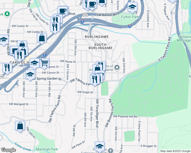 map of restaurants, bars, coffee shops, grocery stores, and more near 8430 Southwest 7th Avenue in Portland