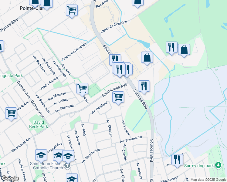 map of restaurants, bars, coffee shops, grocery stores, and more near 216 Avenue Saint-Louis in Pointe-Claire