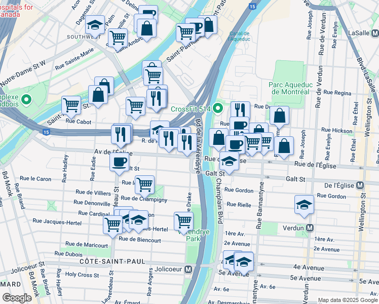 map of restaurants, bars, coffee shops, grocery stores, and more near 5447 Rue Drake in Montréal