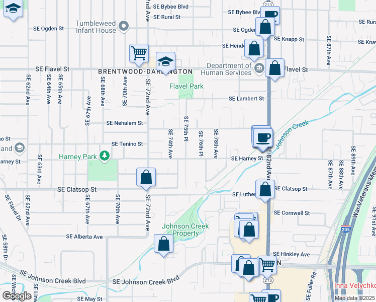 map of restaurants, bars, coffee shops, grocery stores, and more near 8312 Southeast 75th Place in Portland