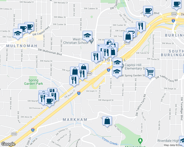 map of restaurants, bars, coffee shops, grocery stores, and more near 8430 Southwest 22nd Avenue in Portland