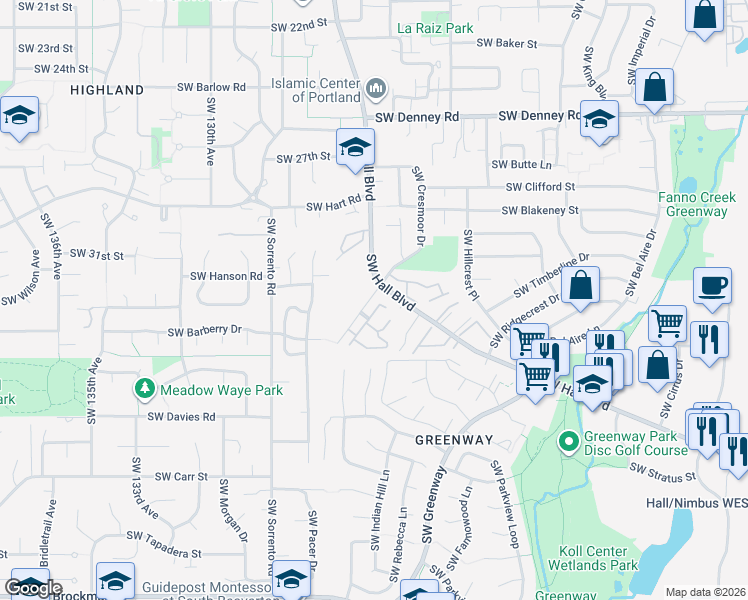 map of restaurants, bars, coffee shops, grocery stores, and more near 7755 Southwest Matheny Drive in Beaverton