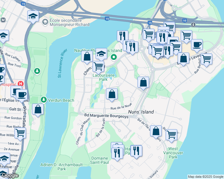 map of restaurants, bars, coffee shops, grocery stores, and more near 737 Chemin Marie le Ber in Montréal