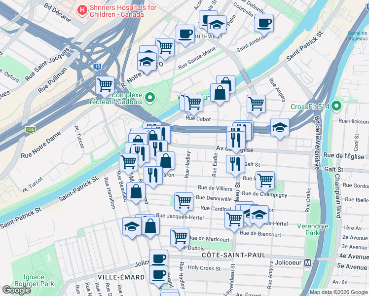 map of restaurants, bars, coffee shops, grocery stores, and more near 2110 Avenue de l'Église in Montréal