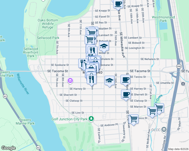 map of restaurants, bars, coffee shops, grocery stores, and more near 8132 Southeast 13th Avenue in Portland