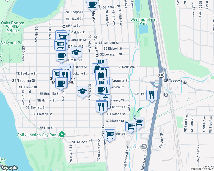 map of restaurants, bars, coffee shops, grocery stores, and more near 1725 Southeast Tenino Street in Portland