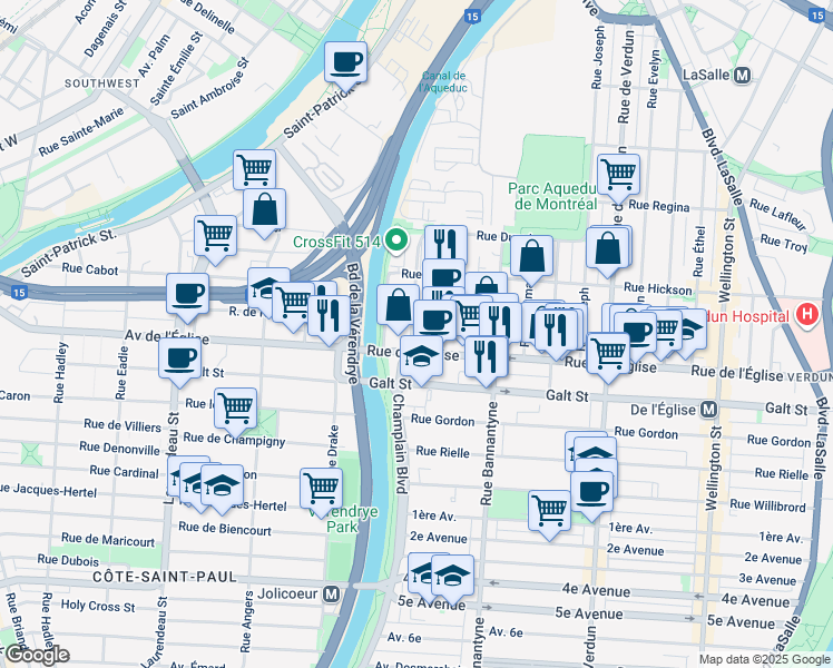 map of restaurants, bars, coffee shops, grocery stores, and more near 4024 Rue Lesage in Montréal