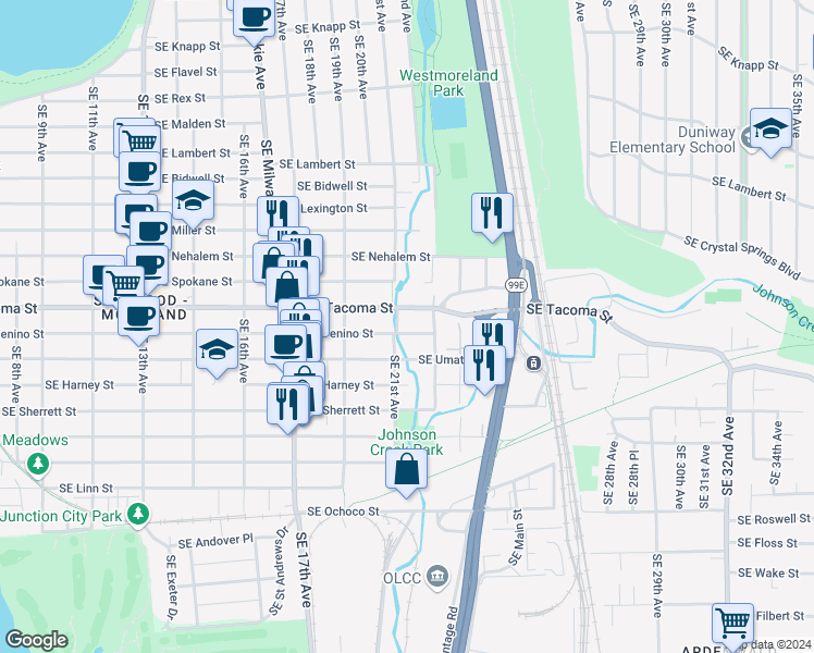 map of restaurants, bars, coffee shops, grocery stores, and more near 2114 Southeast Tenino Street in Portland