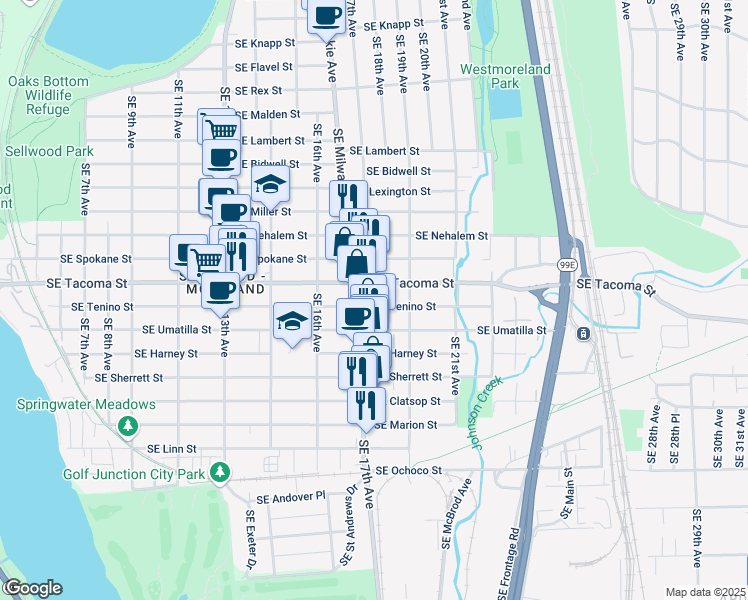 map of restaurants, bars, coffee shops, grocery stores, and more near 1804 Southeast Tenino Street in Portland