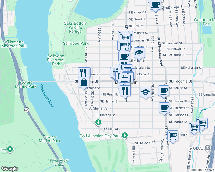 map of restaurants, bars, coffee shops, grocery stores, and more near 924 Southeast Tenino Street in Portland