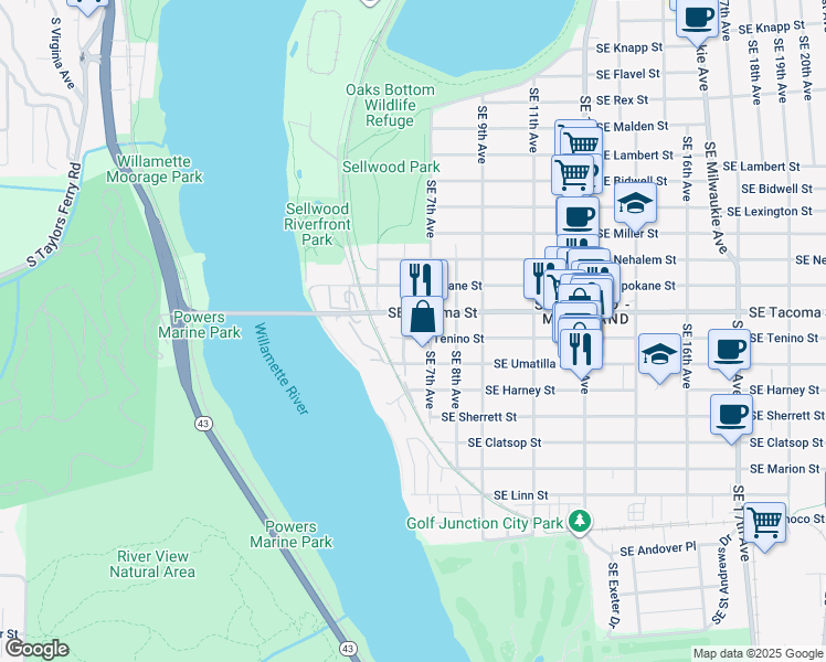map of restaurants, bars, coffee shops, grocery stores, and more near 8203 Southeast 7th Avenue in Portland