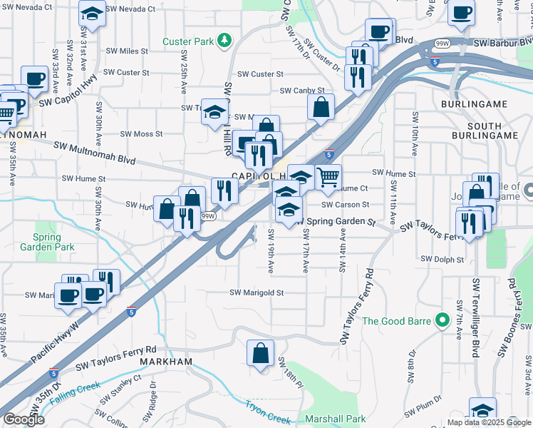 map of restaurants, bars, coffee shops, grocery stores, and more near 8535 Southwest 19th Avenue in Portland