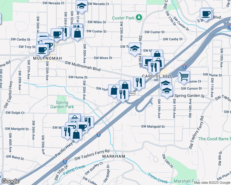 map of restaurants, bars, coffee shops, grocery stores, and more near 2531 Southwest Spring Garden Street in Portland