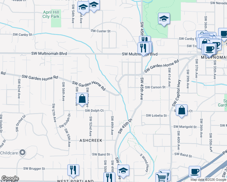 map of restaurants, bars, coffee shops, grocery stores, and more near 4911 Southwest Garden Home Road in Portland