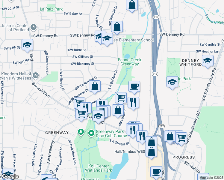 map of restaurants, bars, coffee shops, grocery stores, and more near 11252 Southwest Bel Aire Lane in Beaverton