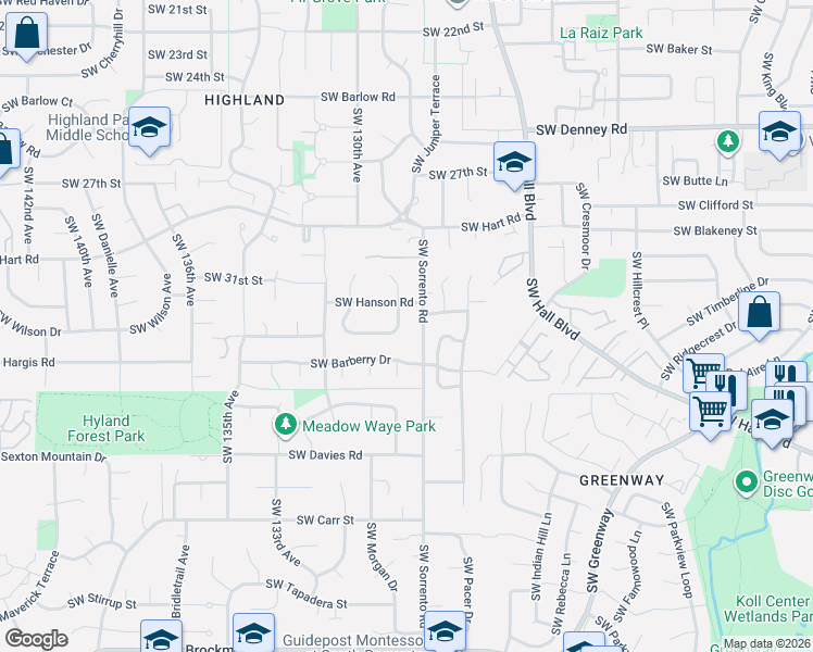 map of restaurants, bars, coffee shops, grocery stores, and more near 7785 Southwest Sorrento Road in Beaverton