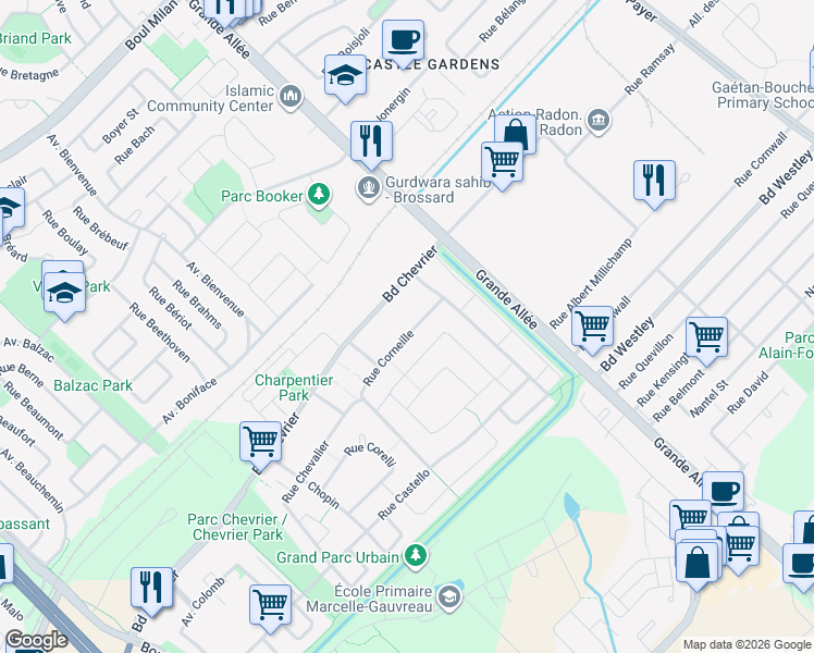 map of restaurants, bars, coffee shops, grocery stores, and more near 5720 Rue Corneille in Brossard