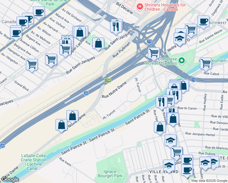 map of restaurants, bars, coffee shops, grocery stores, and more near Rue Notre-Dame Ouest in Montreal