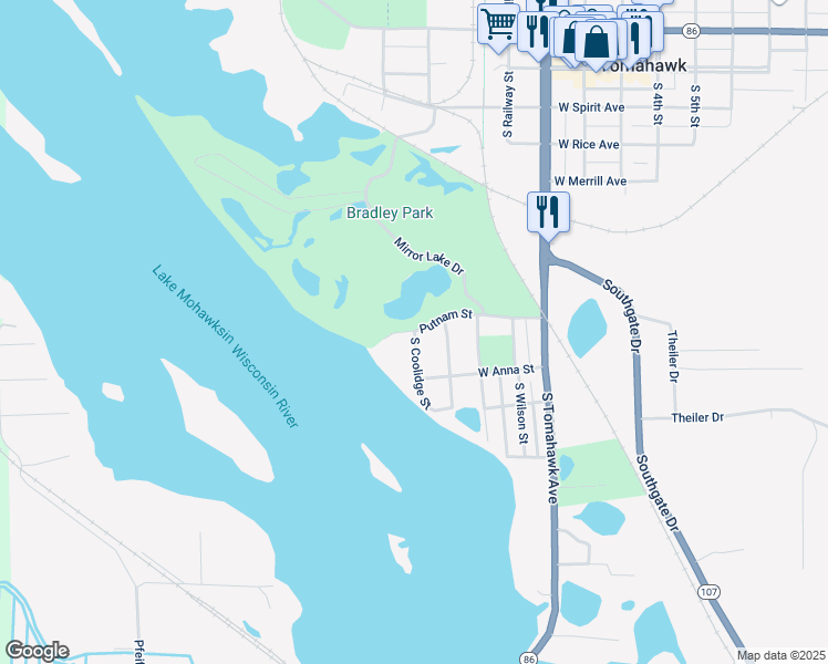 map of restaurants, bars, coffee shops, grocery stores, and more near 602 South Coolidge Street in Tomahawk