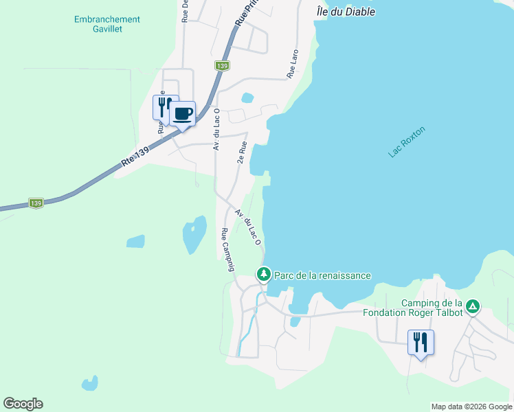 map of restaurants, bars, coffee shops, grocery stores, and more near 754 3e Rue in Roxton Pond
