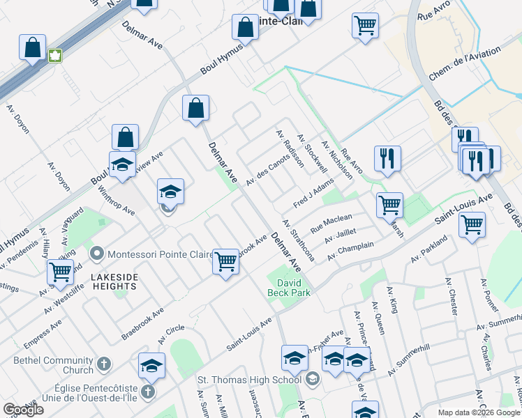 map of restaurants, bars, coffee shops, grocery stores, and more near 459 Avenue Delmar in Pointe-Claire