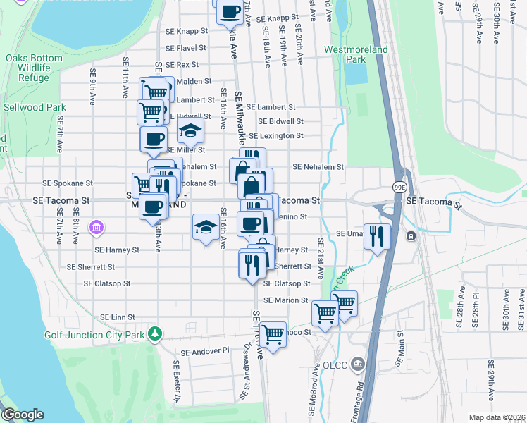 map of restaurants, bars, coffee shops, grocery stores, and more near 1717 Southeast Tenino Street in Portland