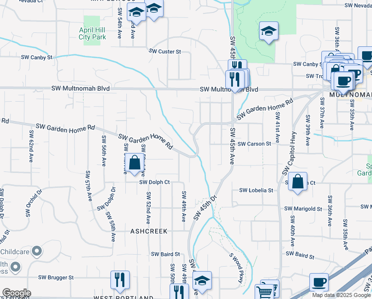 map of restaurants, bars, coffee shops, grocery stores, and more near 4911 Southwest Garden Home Road in Portland
