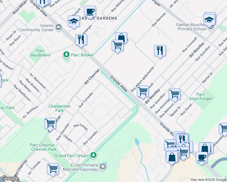 map of restaurants, bars, coffee shops, grocery stores, and more near 6544 Rue Claudel in Brossard