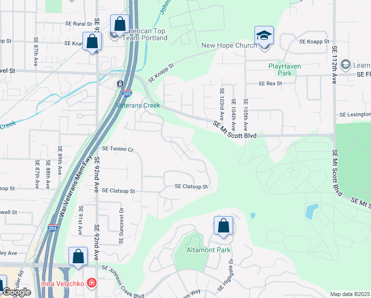 map of restaurants, bars, coffee shops, grocery stores, and more near 8210 Southeast Aspen Summit Drive in Portland