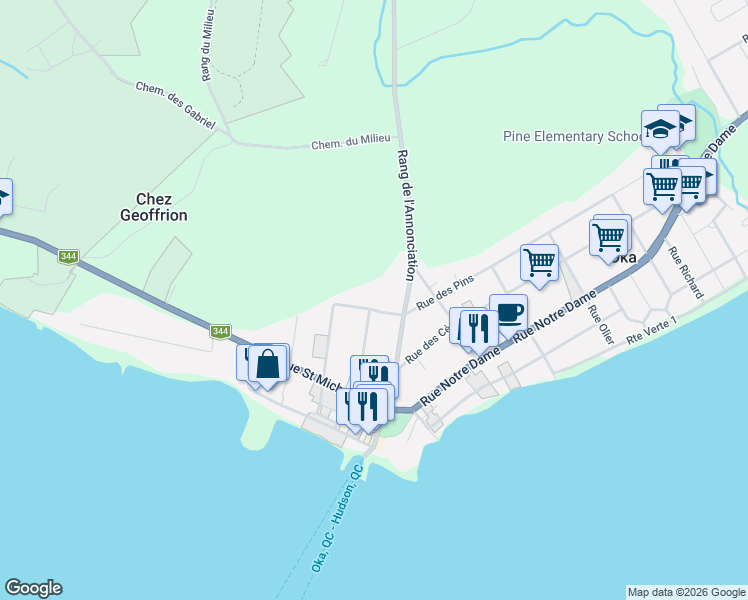 map of restaurants, bars, coffee shops, grocery stores, and more near 199 Rue des Pins in Oka