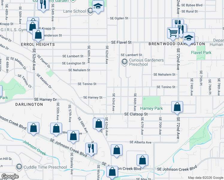map of restaurants, bars, coffee shops, grocery stores, and more near 8217 Southeast 63rd Avenue in Portland
