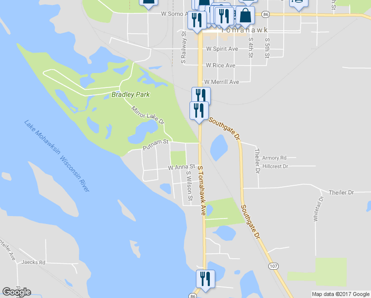 map of restaurants, bars, coffee shops, grocery stores, and more near 625 South Wilson Street in Tomahawk