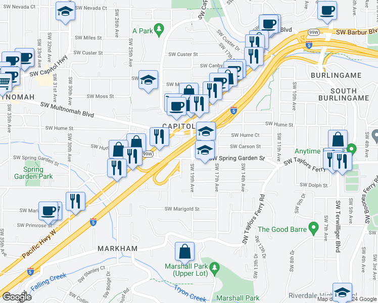 map of restaurants, bars, coffee shops, grocery stores, and more near 8535 Southwest 19th Avenue in Portland