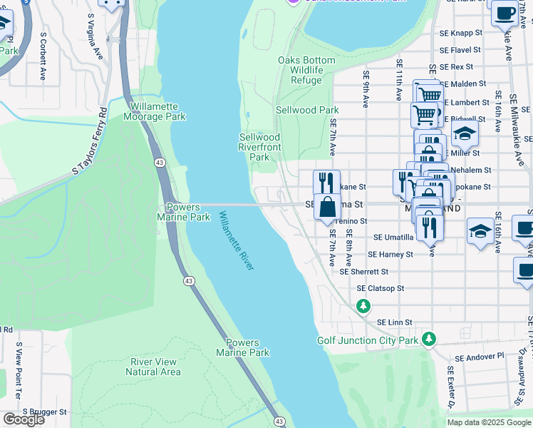map of restaurants, bars, coffee shops, grocery stores, and more near 340 Southeast Spokane Street in Portland