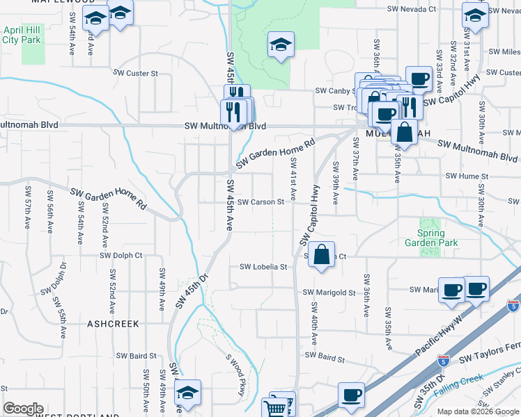 map of restaurants, bars, coffee shops, grocery stores, and more near 8437 Southwest 42nd Avenue in Portland