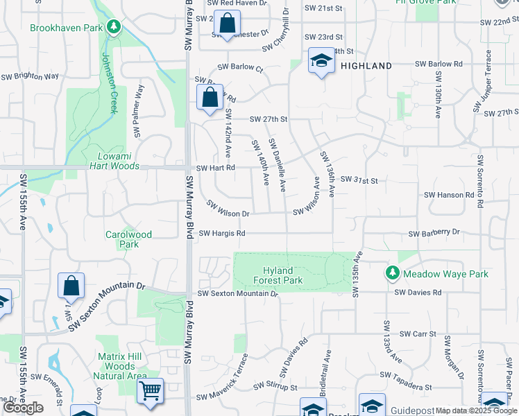 map of restaurants, bars, coffee shops, grocery stores, and more near 14050 Southwest Wilson Drive in Beaverton